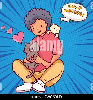 Cat and boy pop art style vector image Stock Vector