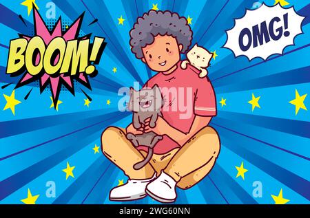 Cat and boy pop art style vector image Stock Vector