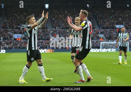 Newcastle on Saturday 3rd February 2024. Newcastle United's Kieran Trippier celebrates with Newcastle United's Sean Longstaff following his goal during the Premier League match between Newcastle United and Luton Town at St. James's Park, Newcastle on Saturday 3rd February 2024. (Photo: Michael Driver | MI News) Credit: MI News & Sport /Alamy Live News Stock Photo