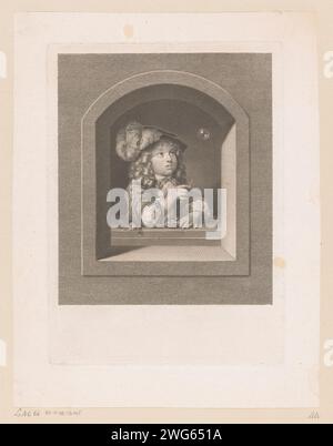Soap bubbles blowing boy, Johann Georg Wille, After Caspar Netscher, 1761 print  Paris paper engraving / etching bubble-blowing (children's games and plays) Stock Photo