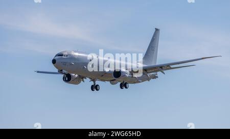 Fairford, UK - 14th July 2022: An RAF aircraft Boeing Poseidon MRA1 inflight close to the ground. Close up Stock Photo