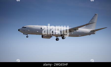 Fairford, UK - 14th July 2022: An RAF aircraft Boeing Poseidon MRA1 inflight close to the ground. Close up Stock Photo