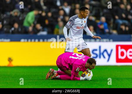 Swansea, UK. 03rd Feb, 2024. Plymouth Argyle goalkeeper Conor Hazard (21) saves from Ronald of Swansea city. EFL Skybet championship match, Swansea city v Plymouth Argyle at the Swansea.com Stadium in Swansea, Wales on Saturday 3rd February 2024. This image may only be used for Editorial purposes. Editorial use only, pic by Credit: Andrew Orchard sports photography/Alamy Live News Stock Photo