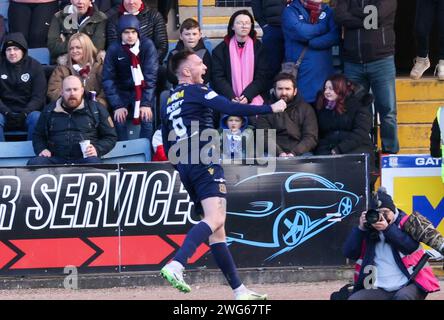 Dundee's Jordan McGhee Dens Park. Dundee, UK. 3rd Feb, 2024. Cinch Scottish Premiership Dundee versus Heart of Midlothian Dundee's Jordan McGhee celebrates opening the scoring after 30minutes (Photo credit: Alamy Live News/David Mollison) Credit: David Mollison/Alamy Live News Stock Photo