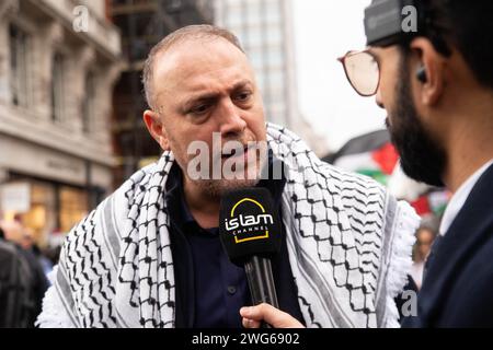 London, UK. 3rd Feb, 2024. Husam Zomlot, Head of the Palestinian Mission to the United Kingdom.National March for Palestine with Piers Corbyn musters in Portland Place before setting off for Regent Street and Picadilly Circus as the Metropolitan Police Mounted Branch and their pedestrian and motorcycle colleagues kept a watchful eye on the proceedings. Credit: Peter Hogan/Alamy Live News Stock Photo