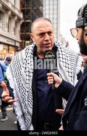 London, UK. 3rd Feb, 2024. Husam Zomlot, Head of the Palestinian Mission to the United Kingdom.National March for Palestine with Piers Corbyn musters in Portland Place before setting off for Regent Street and Picadilly Circus as the Metropolitan Police Mounted Branch and their pedestrian and motorcycle colleagues kept a watchful eye on the proceedings. Credit: Peter Hogan/Alamy Live News Stock Photo