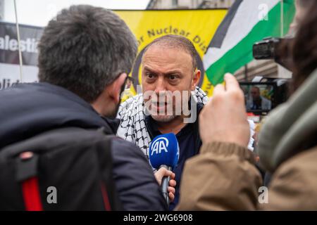 London, UK. 3rd Feb, 2024. Husam Zomlot, Head of the Palestinian Mission to the United Kingdom,National March for Palestine with Piers Corbyn musters in Portland Place before setting off for Regent Street and Picadilly Circus as the Metropolitan Police Mounted Branch and their pedestrian and motorcycle colleagues kept a watchful eye on the proceedings. Credit: Peter Hogan/Alamy Live News Stock Photo