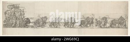 The Great Triumphwagen, 1519, 1606 print The large triumph wagon. Triumph car in honor of Emperor Maximilian I at his death on January 12, 1519. Car with the emperor drawn by six tensioning two horses. The car and the horses accompanied by female personifications of all kinds of virtues. Germany paper engraving chariot, triumphal car Stock Photo