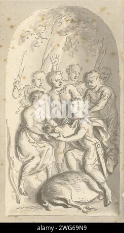 Melager brings Atalante the head of the Calydonian Zwijn, Tako Hajo Jelgersma (attributed to), 1721 - 1779 drawing   paper. ink pen / brush Meleager gives the head of the boar to Atalanta Stock Photo