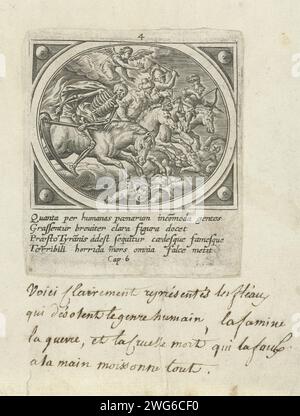 The four Apocalyptic horsemen, Adriaen Collaert (Attributed to), after Jan Snellinck (I), 1585 print Opening the first four stamps: the four Apocalyptic riders, 'Victorie', 'War', 'Hunger' and 'Death' trample humanity. Above them an angel, with a crown. In the margin a four -line caption in Latin. Fourth print from a series of twenty -four with the revelation of Johannes on Patmos. Antwerp paper engraving the four horsemen of the Apocalypse Stock Photo