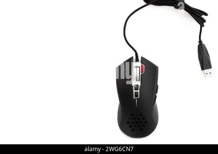 Black wired computer mouse on white background close-up Stock Photo