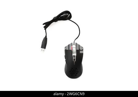 Black wired computer mouse on white background close-up Stock Photo