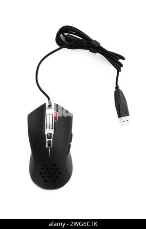 Black wired computer mouse on white background close-up Stock Photo