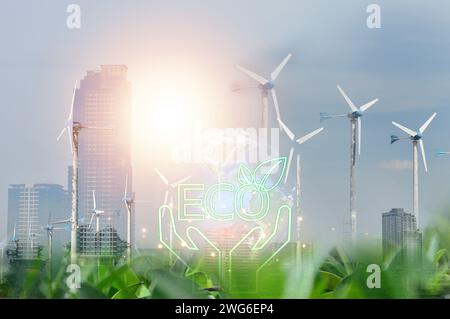 Technology for the environment Using environmentally friendly technology Engineer designs wind turbine models clean energy network Stock Photo
