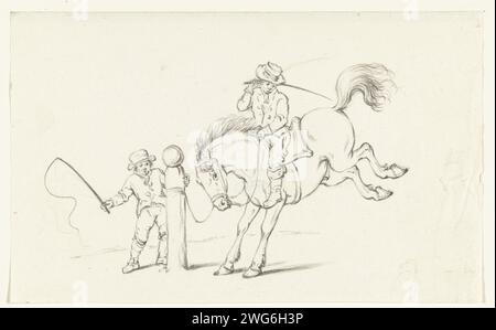 Taming a horse, Jean Bernard, 1775 - 1833 drawing   paper. chalk  breaking to saddle, bridle, etc.  wild horses. horse. kicking (horse in motion) Stock Photo