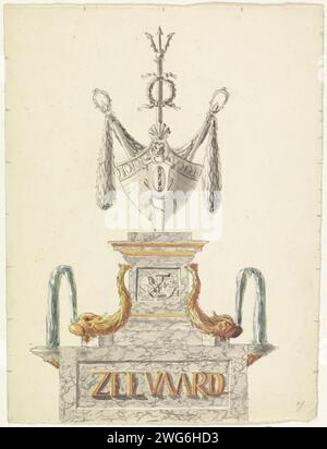 Decoration on the Keizersgracht at Hartenstraat, 1816, Anonymous, 1816 drawing Decoration with the theme of nautical. Trophy with the bow of a ship with a trident and garlands. On the base 'Sea sailed'. Founded on the Keizersgracht near the Sluis with Hartenstraat. Part of a series of 14 (of the 16) drawings for the decorations drawn up during the visit of the Prince and Princess of Orange to Amsterdam on September 19, 1816. Netherlands paper pen / brush other decorative structures ( triumphal entry, etc.). public festivities on the occasion of royal events (+ decorated staff, portable struct Stock Photo