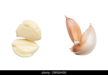 Top view set of pounded garlic cloves or slices in stack is isolated on ...