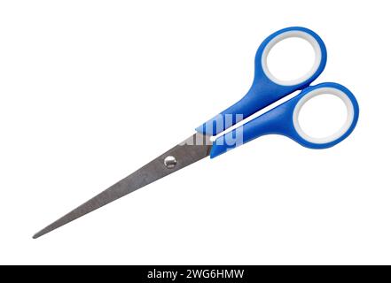 Top view of small multipurpose scissors with blue handle is isolated on white background with clipping path. Stock Photo