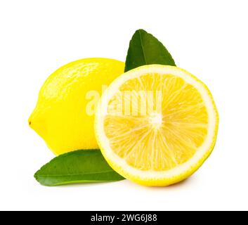 Front view and close up of fresh yellow lemon fruit with half and leaves is isolated on white background with clipping path. Stock Photo