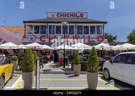 Mar del Plata, Argentina - January 15th, 2024: Facade of the Chichilo restaurant in the port of Mar del Plata. Stock Photo