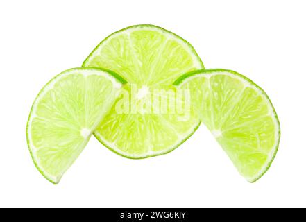 Top view of fresh green lemon slices in stack is isolated on white background with clipping path. Stock Photo