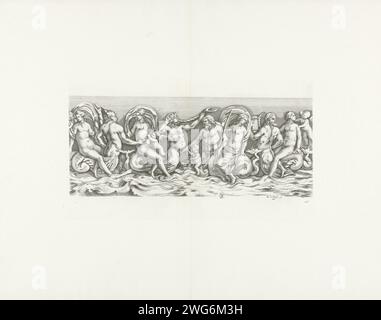 Bas-relief of a sarcophagus with nymphs, Reinier van Persijn, after Giovanni Andrea Podestà, 1640 print Roman bass relief of a sarcophagus with nymphs fed over the water by tritons. In the middle of the coat of arms of Vincenzo Giustiniani. Print from a publication with reproduction prints to the sculptures in the collection in the Galleria Giustiniani in Rome. Rome paper engraving piece of sculpture, reproduction of a piece of sculpture. triton(s). nymphs (in general); 'Ninfe in commune' (Ripa) Stock Photo