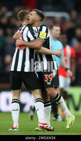 Newcastle on Saturday 3rd February 2024. Newcastle United's Harvey Barnes celebrates Newcastle United's fourth goal with Newcastle United's Bruno Guimarães during the Premier League match between Newcastle United and Luton Town at St. James's Park, Newcastle on Saturday 3rd February 2024. (Photo: Michael Driver | MI News) Credit: MI News & Sport /Alamy Live News Stock Photo