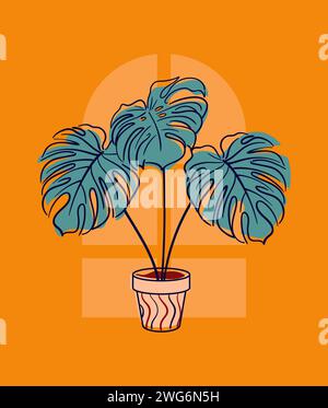 Monstera delicata or attractive large vine, Araceae. Exotic plant in a pot. Home floriculture, house plants, hobby. Botanical vector illustration in h Stock Vector