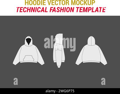 Hoodie Sweatshirt Flat Technical Drawing Illustration Hoodie Fashion Mock-up Template Hoodie Unisex Sweatshirt Women Men Hoodie Vector Illustration Stock Vector