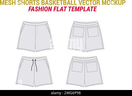 Shorts Basketball Flat Technical Drawing Illustration Blank Shorts Streetwear Mock-up Template Unisex Athletic Basketball Shorts Active Wear Short Mes Stock Vector