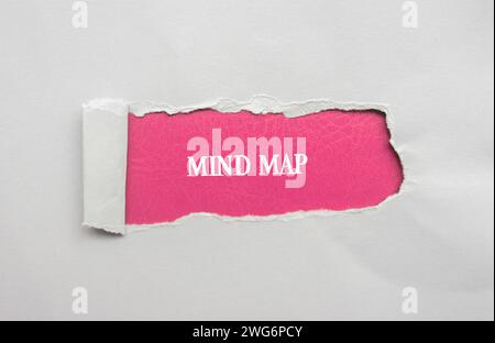 Mind map words written on torn paper with pink background. Conceptual symbol. Copy space. Stock Photo