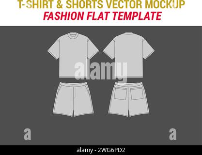Short Sleeve T Shirt Technical Drawing Shorts Fashion Flat Vector Illustration Graphic T-shirt Combo Mockup Printable Shorts and Tee Stock Vector