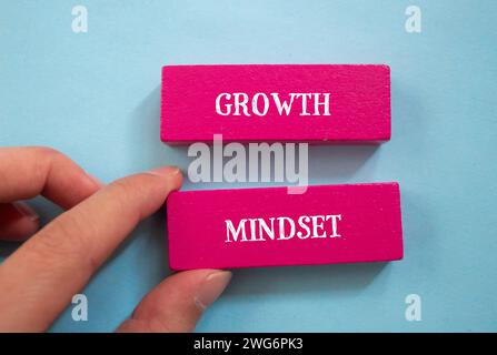 Growth mindset words written on pink wooden blocks with pink background. Conceptual symbol. Copy space. Stock Photo