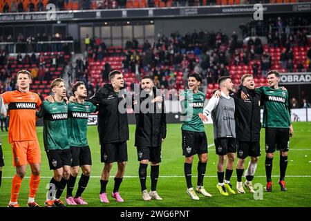 Freiburg Im Breisgau, Germany. 03rd Feb, 2024. Soccer: Bundesliga, SC Freiburg - VfB Stuttgart, Matchday 20, Europa-Park Stadium. Final cheer of the VfB Stuttgart players . Credit: Harry Langer/dpa - IMPORTANT NOTE: In accordance with the regulations of the DFL German Football League and the DFB German Football Association, it is prohibited to utilize or have utilized photographs taken in the stadium and/or of the match in the form of sequential images and/or video-like photo series./dpa/Alamy Live News Stock Photo