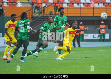 ABIDJAN, COTE D'IVOiRE - FEBRUARY 2;  Vldmiro Tualungo Paulo Lameira of Angola and Simon Moses, Frank Onyeka and Ola Aina of Nigeria during the TotalE Stock Photo