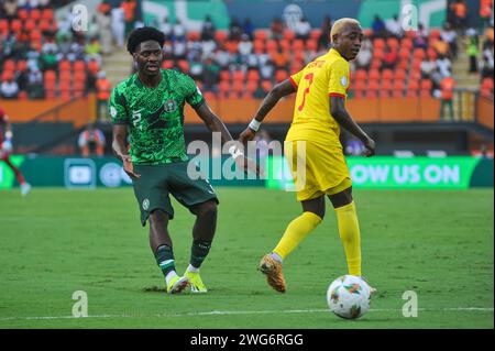 ABIDJAN, COTE D'IVOiRE - FEBRUARY 2;  Ola Aina of Nigeria and Deivi Miguel Viera of Angola during the TotalEnergies Caf Africa Cup of Nations (Afcon 2 Stock Photo