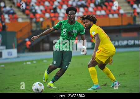 ABIDJAN, COTE D'IVOiRE - FEBRUARY 2;  Ola Aina of Nigeria and Corte Real Carneiro Augusto De Jesus of Angola during the TotalEnergies Caf Africa Cup o Stock Photo