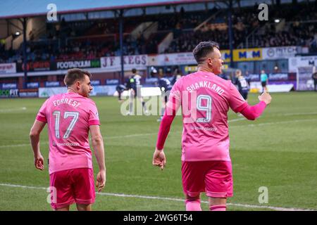 Dens Park. Dundee, UK. 3rd Feb, 2024. Cinch Scottish Premiership Dundee versus Heart of Midlothian Hearts' Lawrence Shankland celebrates after scoring his second and Hearts third goal to win the game 3-2 (Photo credit: Alamy Live News/David Mollison) Credit: David Mollison/Alamy Live News Stock Photo