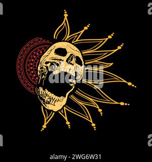 T-shirt design of a screaming skull with its mouth open and sun rays on a black background. Stock Vector