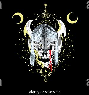 Skull t-shirt design with horned helmet and two moons on a black background. Demonic image. Stock Vector