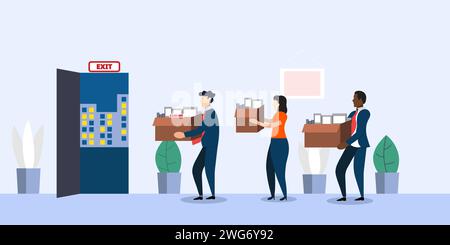 Employees carrying belongings and leaving a business after being laid off, Lay off concept, economic turmoil, reduce staff concept Stock Vector