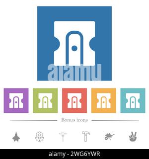 Pencil sharpener solid flat white icons in square backgrounds. 6 bonus icons included. Stock Vector