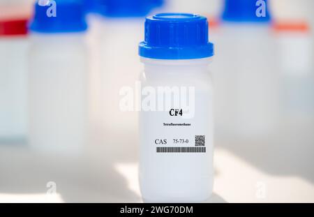 CF4 tetrafluoromethane CAS 75-73-0 chemical substance in white plastic laboratory packaging Stock Photo