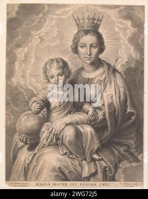 Maria with child and globe, Schelte Adamsz. Bolswert, after Peter Paul Rubens, 1596 - 1659 print Maria with crown and globe as queen of heaven and child with scepter. This print is part of an album. Southern Netherlands paper engraving Mary sitting or enthroned, the Christ-child in front of her in her lap (or in front of her bosom). 'Regina Coeli', 'Regina Angelorum', 'MaestÃ '  Madonna Stock Photo