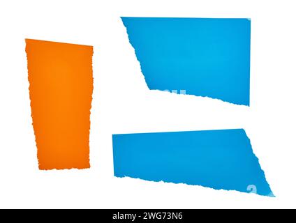 Blue and orange torn paper cut out on white background Stock Photo