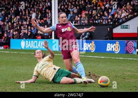 Walsall, UK. 03rd Feb, 2024. Walsall, England, February 3rd 2024: Kirsty Hanson (20 Aston Villa) is tackled by Ella Powell (2 Bristol City) during the Barclays FA Womens Super League match between Aston Villa and Bristol City at Bescot Stadium in Walsall, England (Natalie Mincher/SPP) Credit: SPP Sport Press Photo. /Alamy Live News Stock Photo