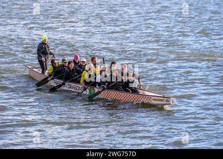 Preston, Lancashire.  UK Weather.  03/02/2024.  Preston Dragon Boat crew take to the water for a first outing of the season in the Riverside Marina. Credit: CernanElias/AlamyLiveNews Stock Photo