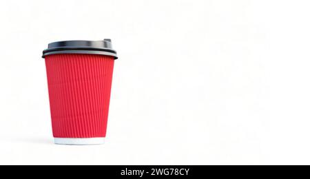 Paper disposable red glass of tea or coffee with black plastic lid isolated on white background. Takeaway food. Nobody. Place for an inscription Stock Photo