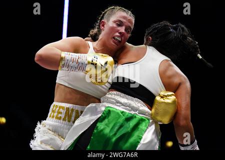 Boxer Francesca Hennessey (left) in action Lauren Belen Valdebenito in the bantaweight bout at the OVO Arena Wembley, London. Picture date: Saturday February 3, 2024. Stock Photo