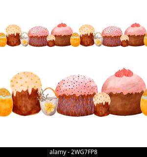 Seamless border with spring Easter, Easter cakes with icing, spring decor with eggs and flowers in watercolor. Watercolor border with Easter eggs for Stock Photo